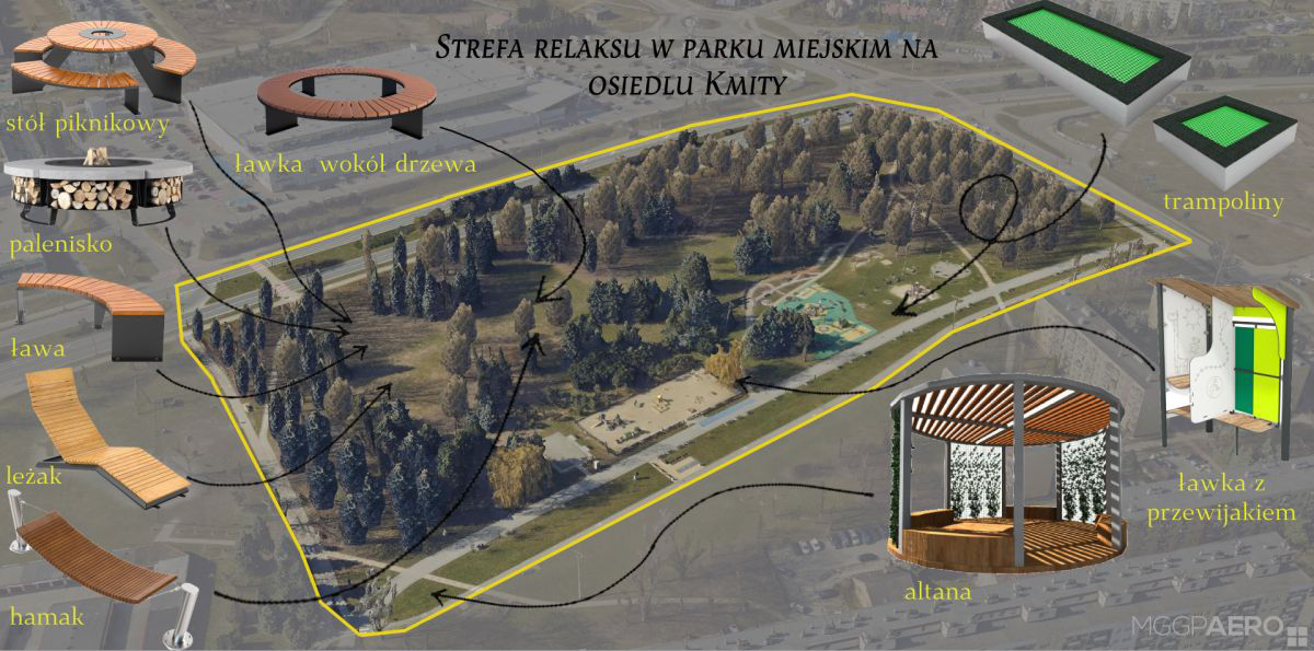 wizualizacja strefy relaksu w parku na rzeszowskim osiedlu Kmity